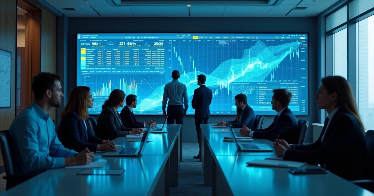 Gráfico financeiro em tela grande com dados atualizados e equipe olhando 