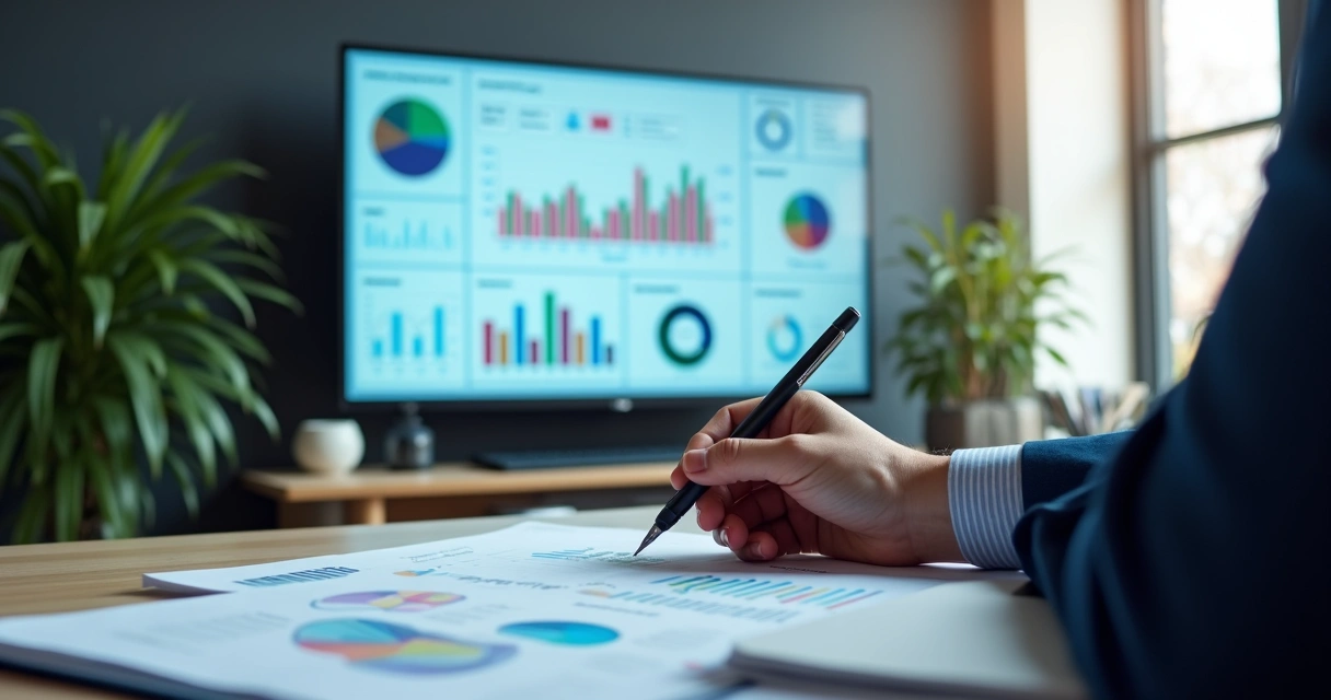 Painel de dashboard contábil em tela grande, gráficos coloridos e relatórios na mesa. 