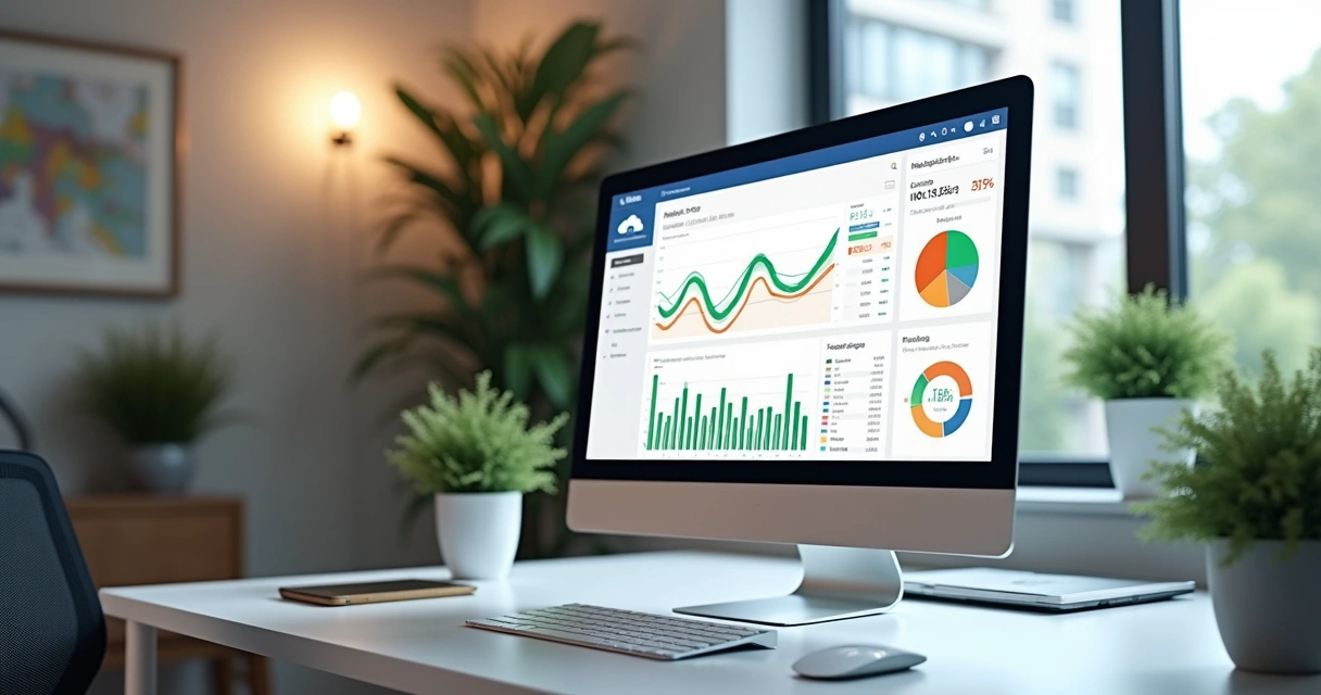 Dashboard digital mostrando gráficos contábeis em tela de computador em escritório