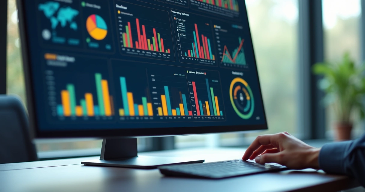 Dashboard digital com gráficos e indicadores financeiros em tela de computador