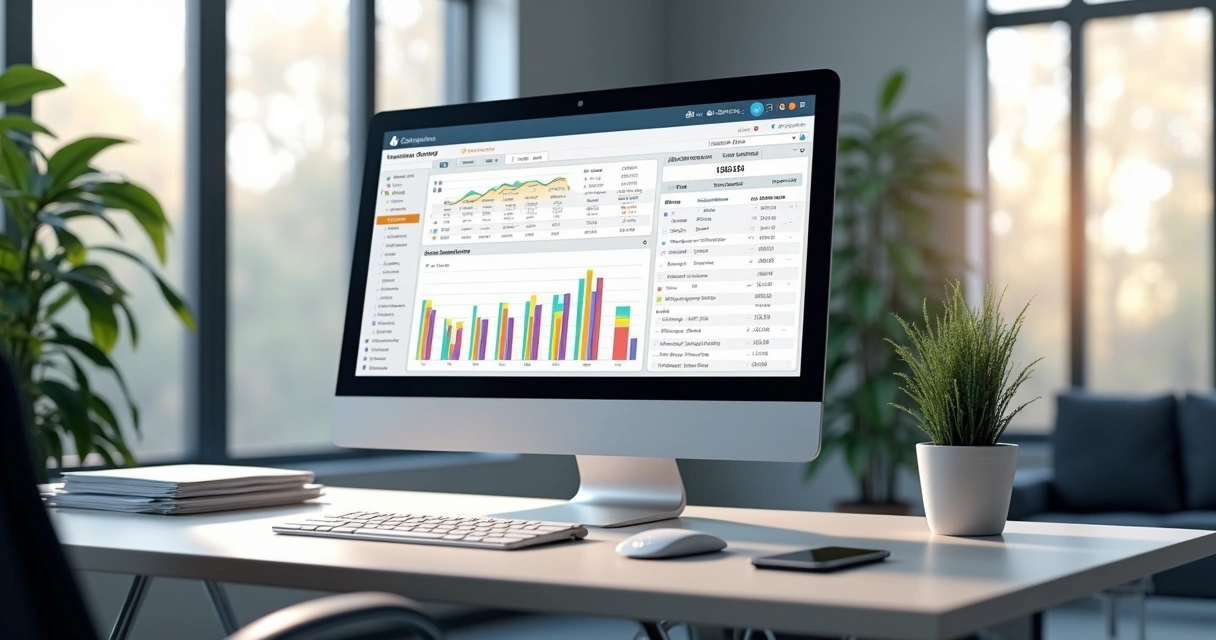 Painel de software de contabilidade exibindo gráficos e conciliação automática 