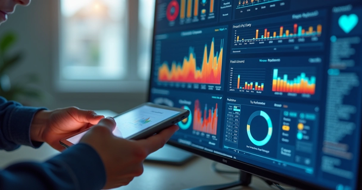 Painel digital com gráficos tributários e fiscais em tela grande, representando automação contábil 