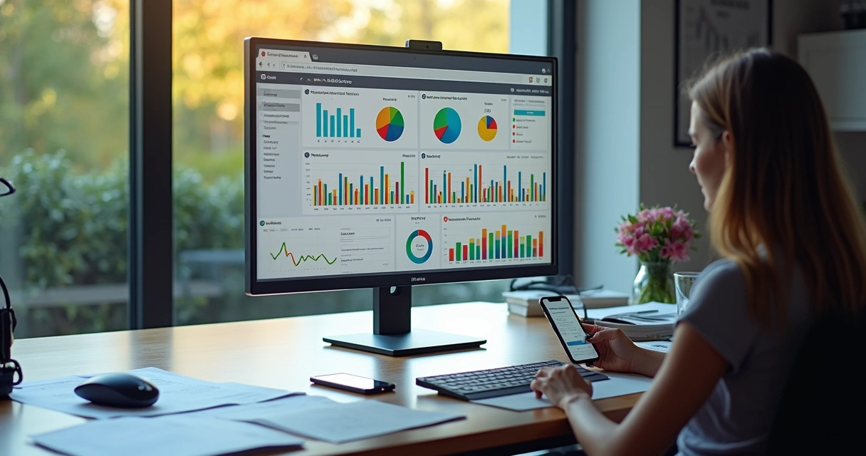 Como manter a contabilidade remota nos EUA: ferramentas úteis 1 Painel digital de contabilidade mostrando gráficos coloridos e relatório financeiro em computador