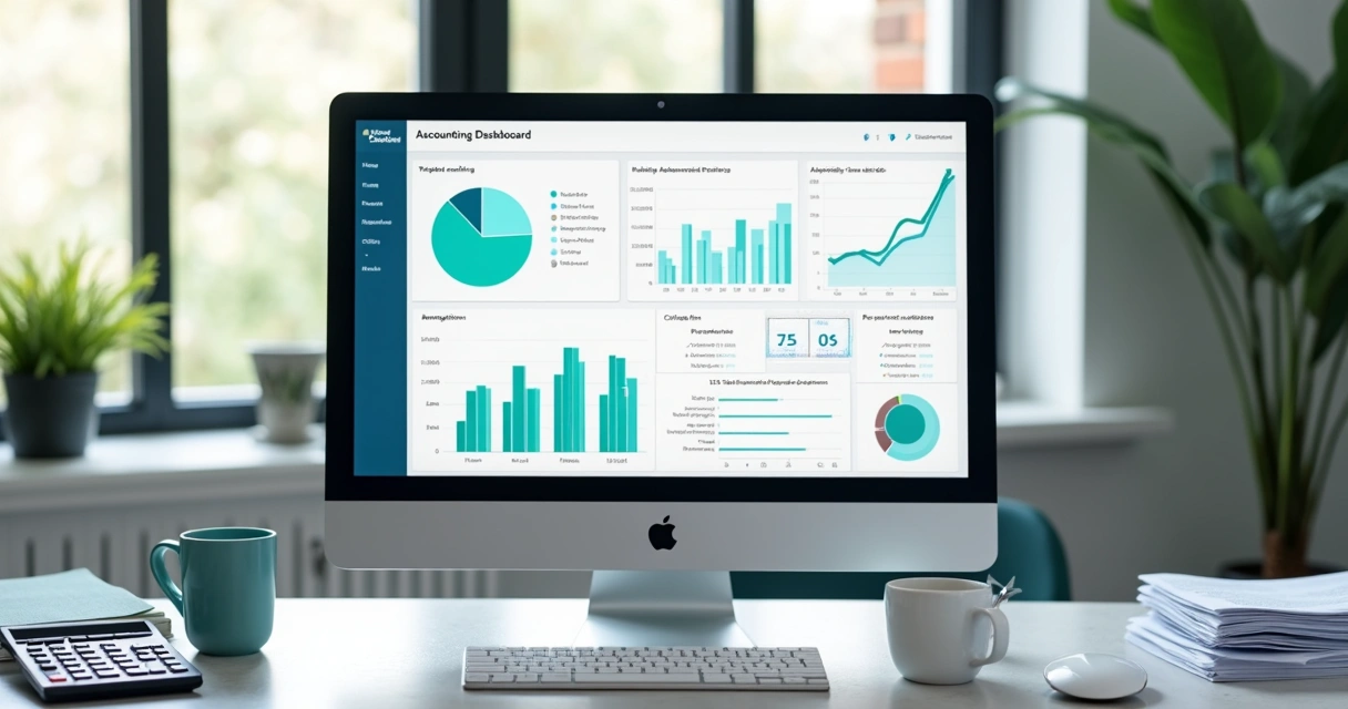 Dashboard digital de contabilidade com gráficos coloridos e tabelas