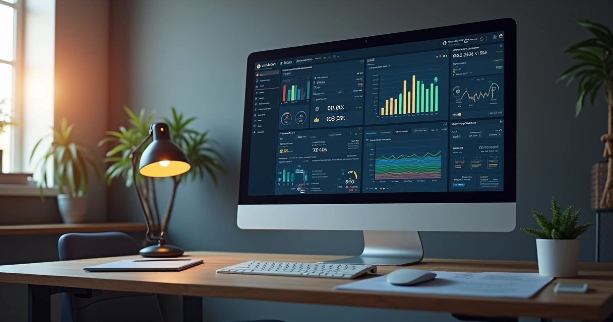 Tela de computador mostrando dashboard de um sistema contábil com elementos de transição e gráficos 