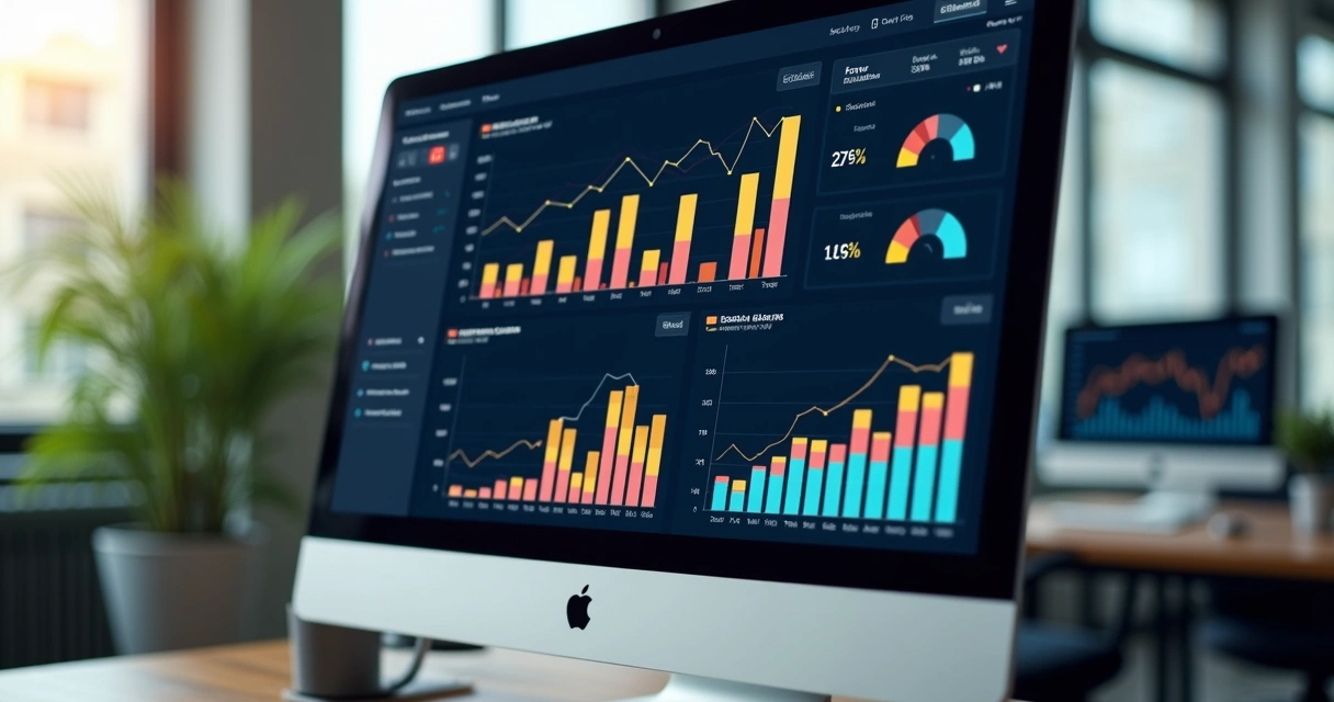 Dashboard colorido em tela de computador com gráficos de finanças de PME do varejo
