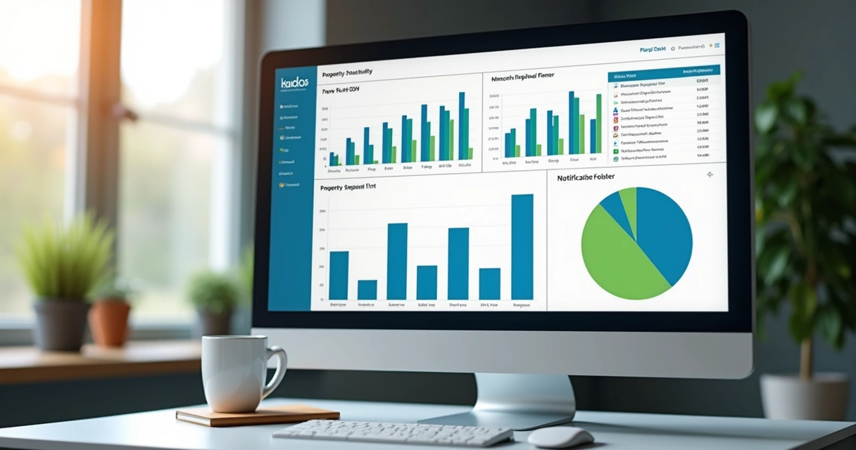 Painel digital de gestão de imóveis com gráficos de aluguéis e recebimentos