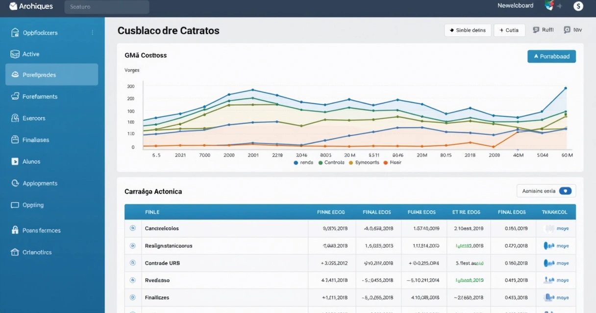 Dashboard com gráficos de contratos ativos, cancelados e finalizados em escola profissionalizante 