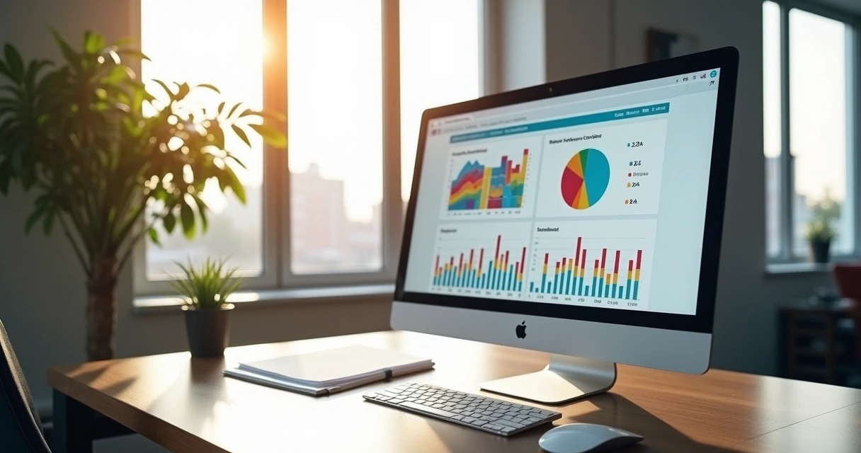 Dashboard financeiro com gráficos em tela de computador no escritório. 