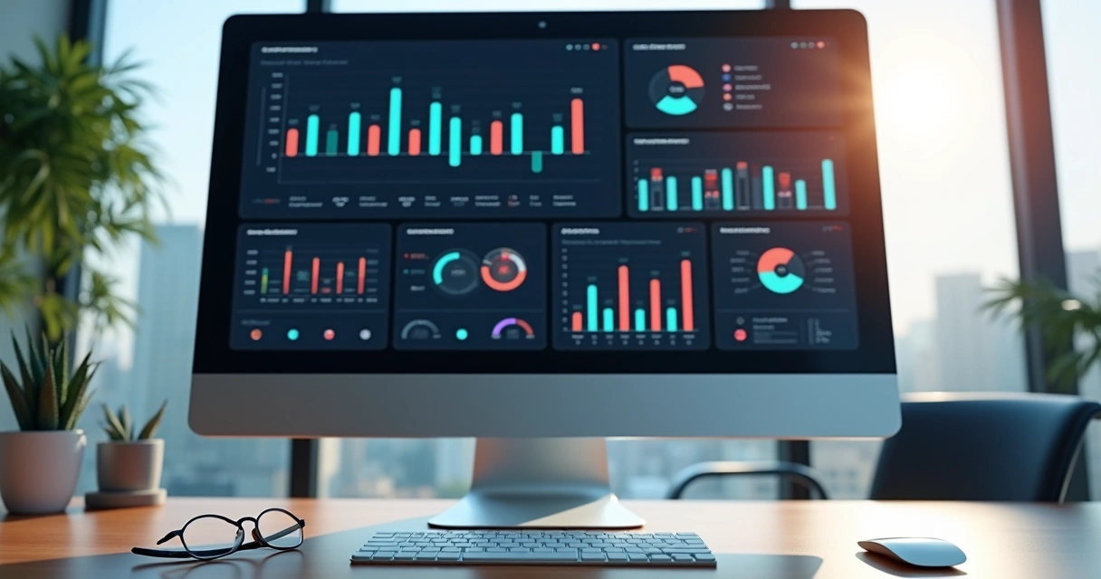Dashboard digital de controladoria financeira em tela de computador 