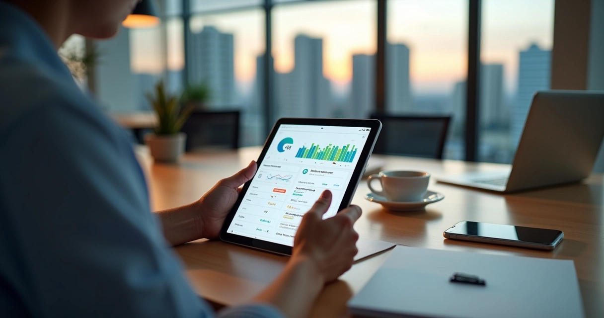 Gestora imobiliária usando tablet para acompanhar dashboard de aluguéis 