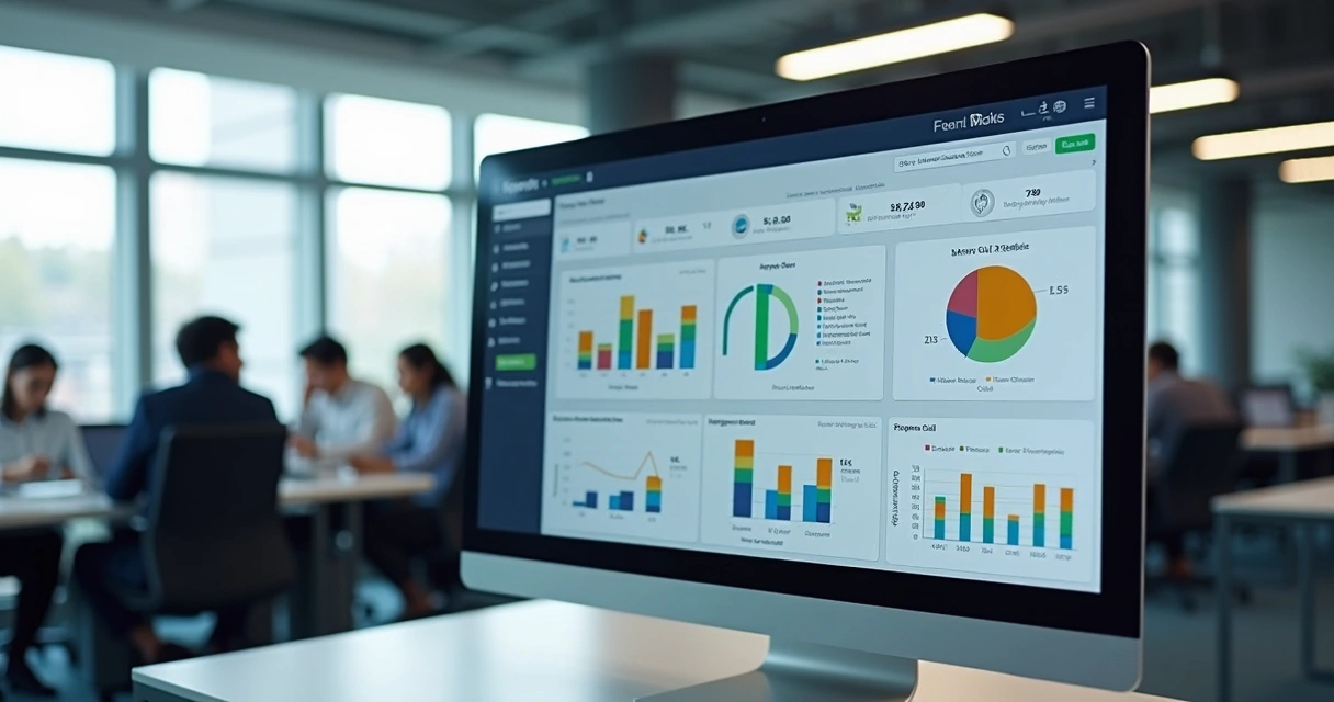 Dashboard digital mostrando controle de ativos em facilities, com gráficos e status em tempo real 