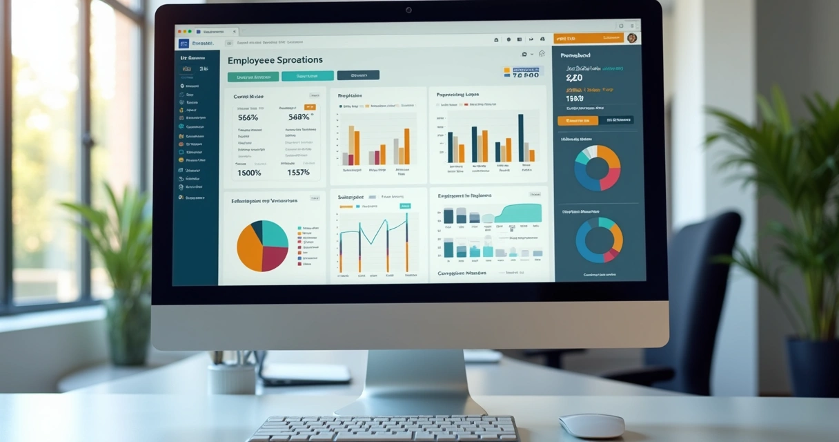 Dashboard de benefícios sendo usado pelo RH em computador. 