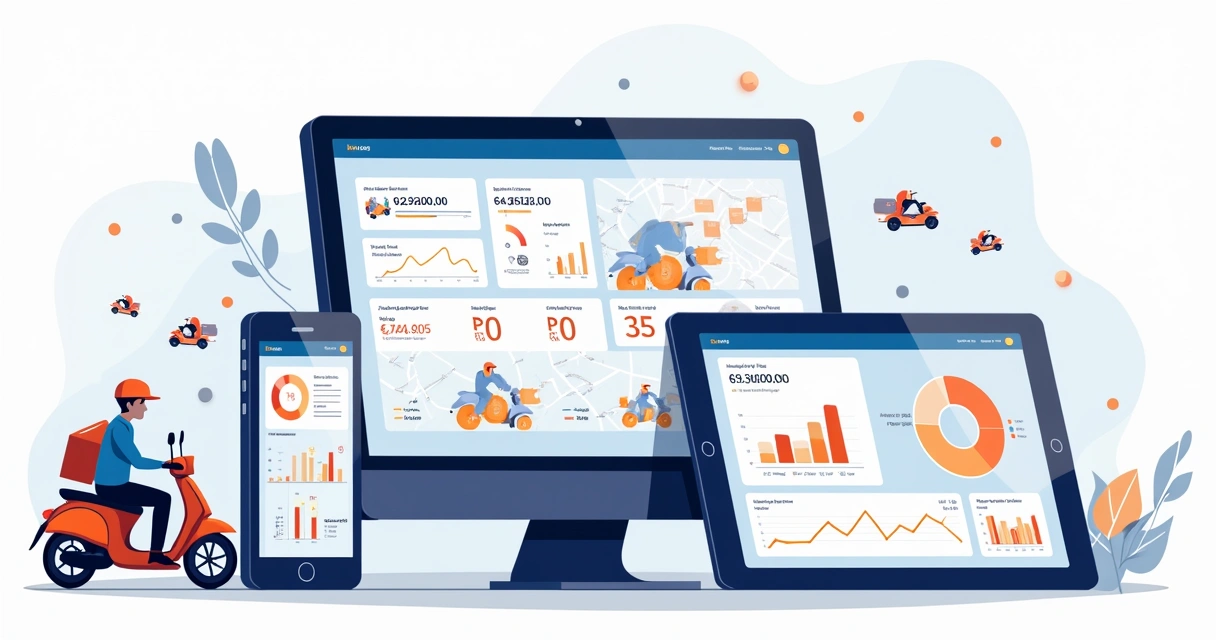 Dashboard digital de delivery com indicadores em dispositivos eletrônicos 