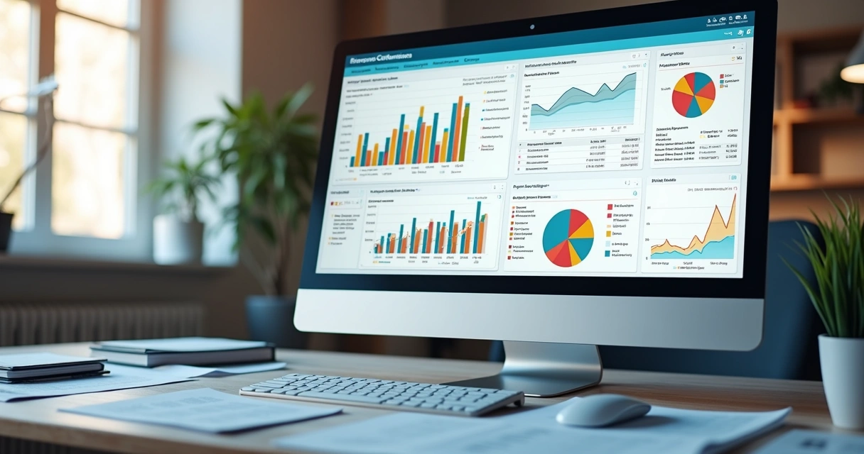 Dashboard financeiro detalhado com gráficos, tabelas e indicadores em tela de computador 