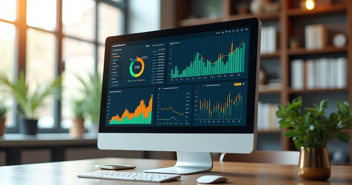 Dashboard financeiro moderno em tela de computador com gráficos e indicadores coloridos 