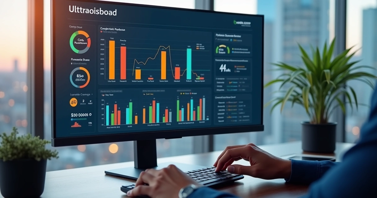 Dashboard digital mostrando gráficos e indicadores financeiros em tela. 