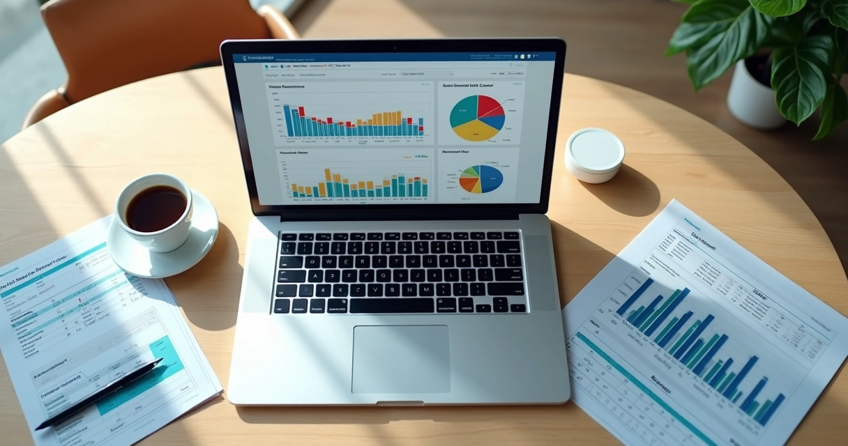 Painel colorido com gráficos e relatórios financeiros exibidos em notebook 