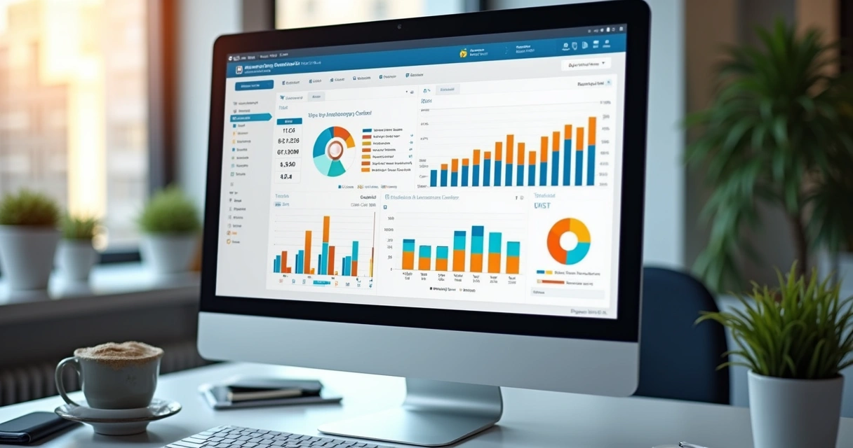 Dashboard de controle financeiro empresarial em tela de computador 