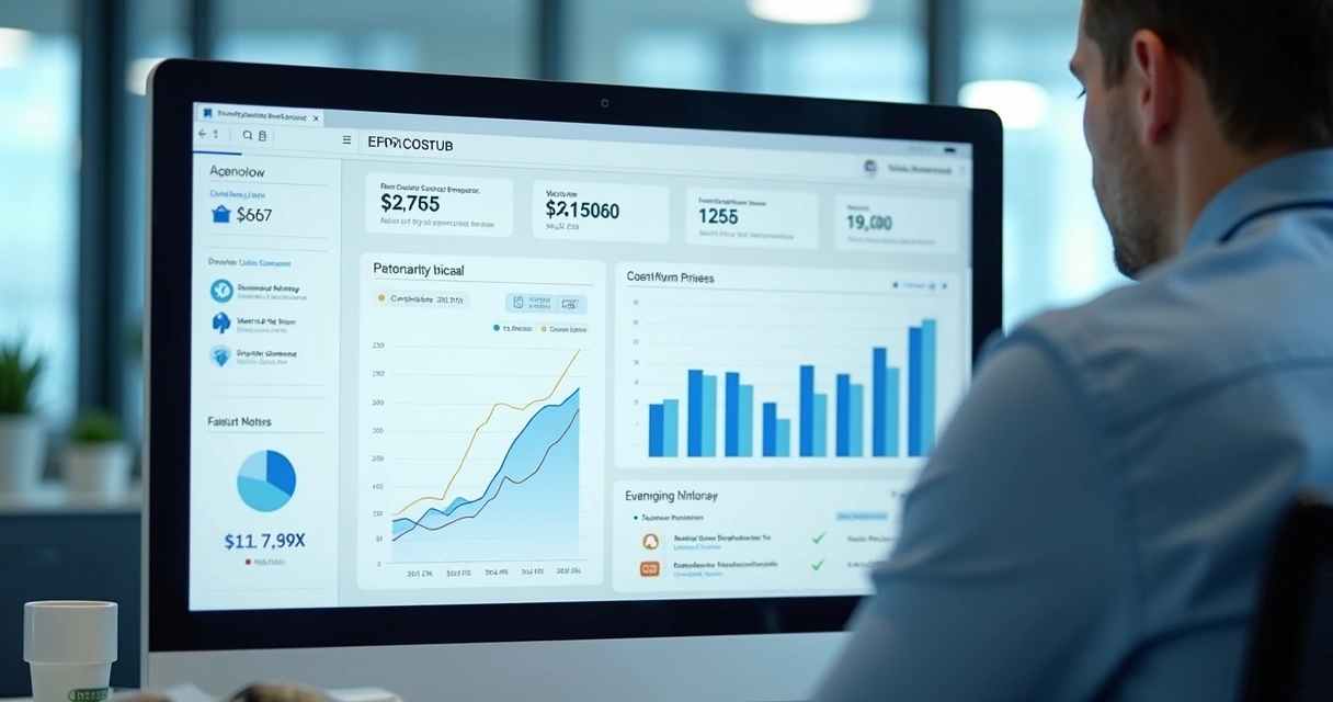 Painel ERP mostrando controle de contas, fluxo de caixa e gráficos financeiros