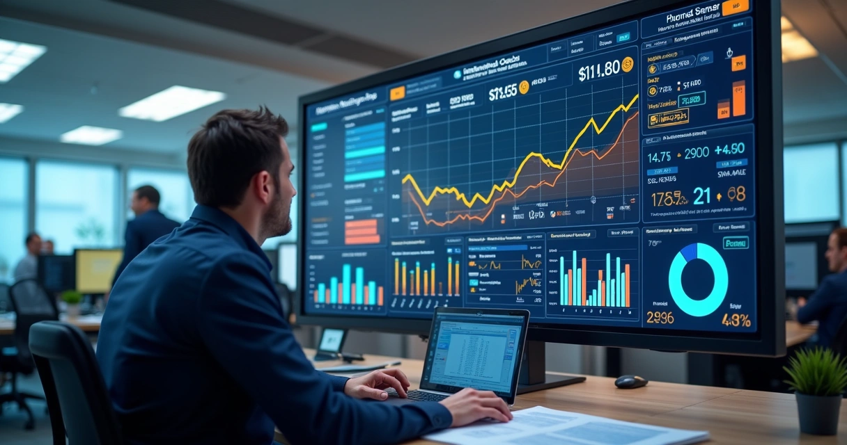 Painel moderno com gráficos e indicadores financeiros em tela grande