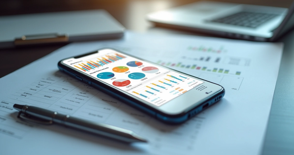 Tela de aplicativo financeiro com gráficos coloridos de investimentos