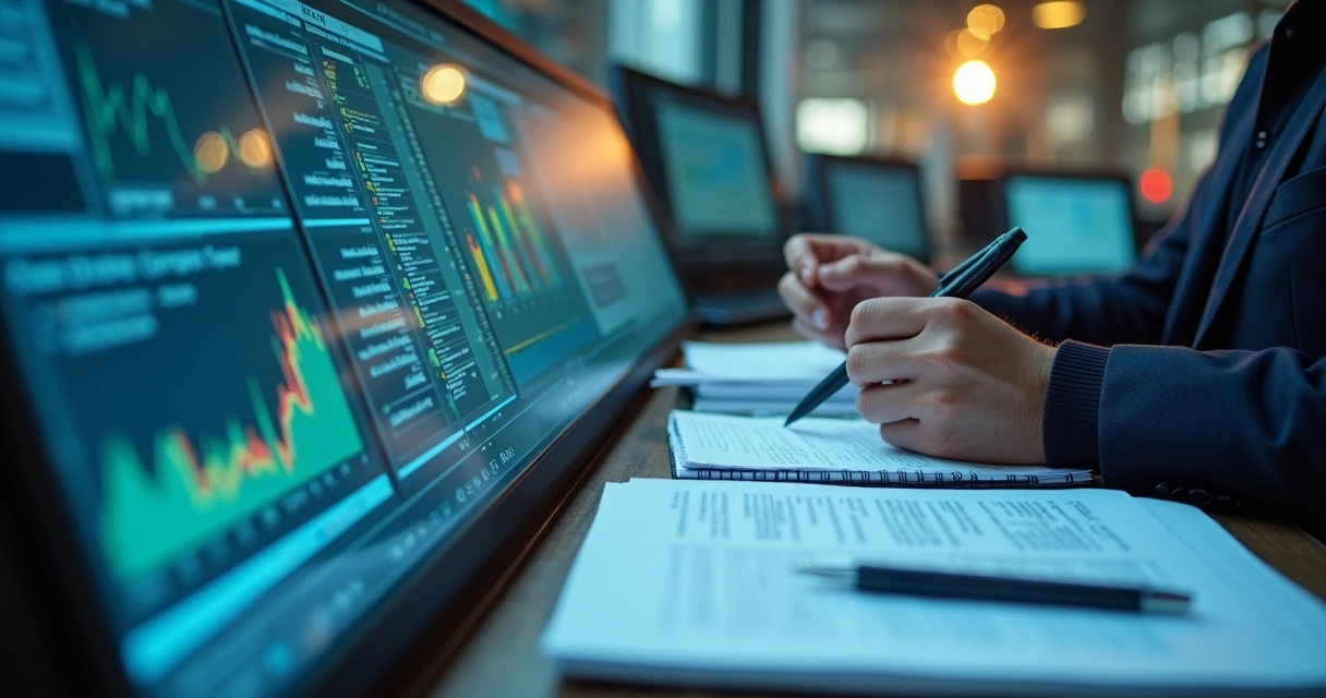 Tela de dashboard digital ao lado de blocos de anotações e planilhas impressas. 