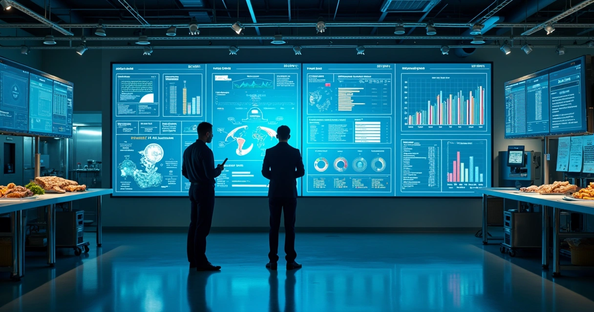 Dashboard digital em tela grande mostrando indicadores de qualidade na indústria de alimentos. 