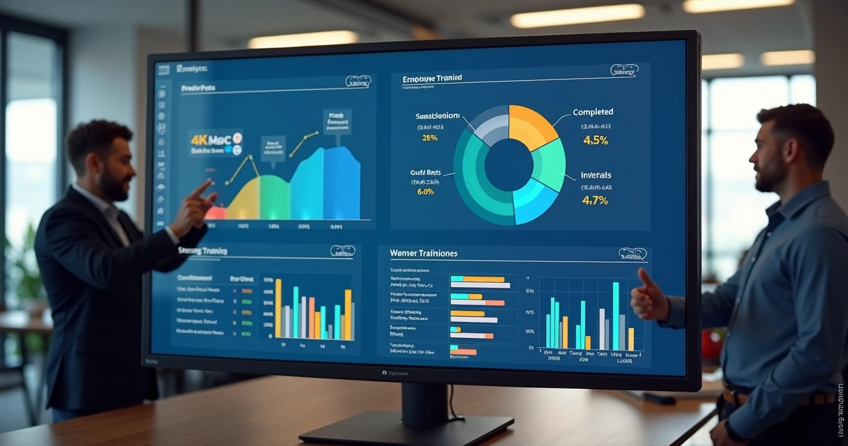 Dashboard digital mostrando gráficos de controle de treinamentos corporativos 