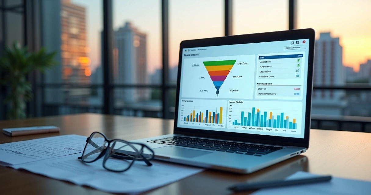Painel digital com funil de vendas e KPIs imobiliários em grande laptop sobre mesa de trabalho 