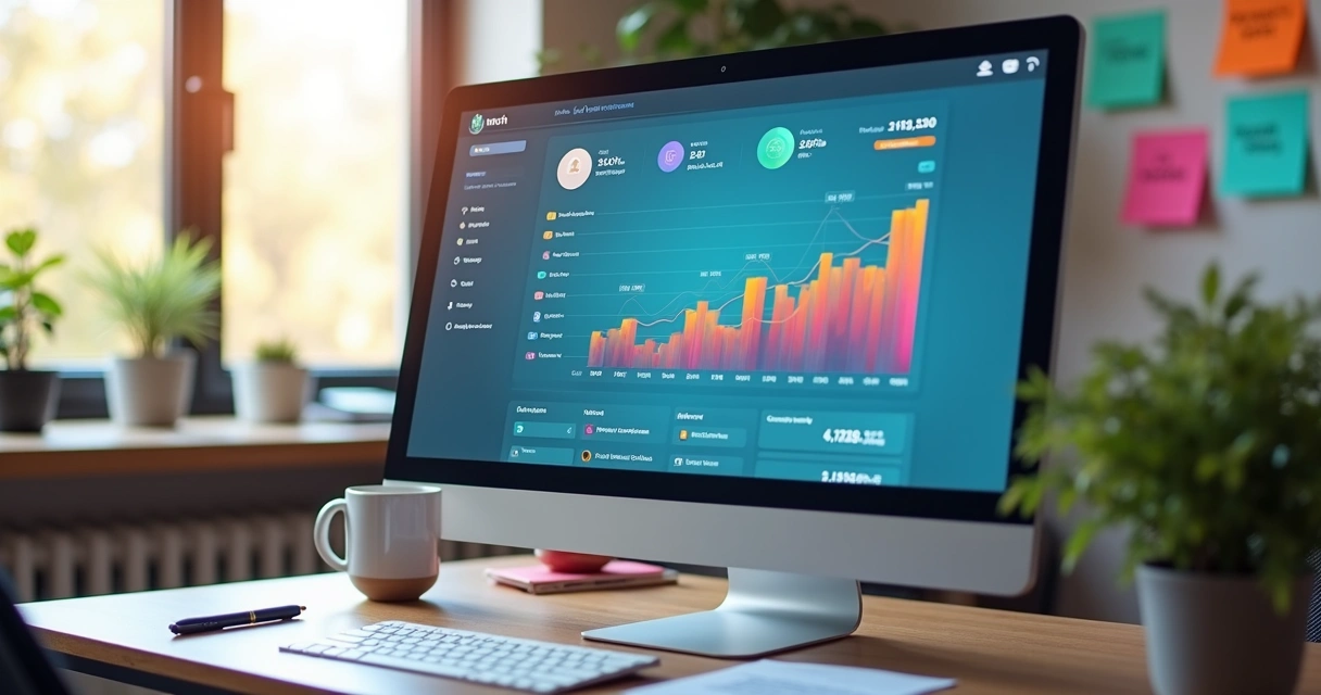 Dashboard financeiro com gráficos de crescimento em tela widescreen 