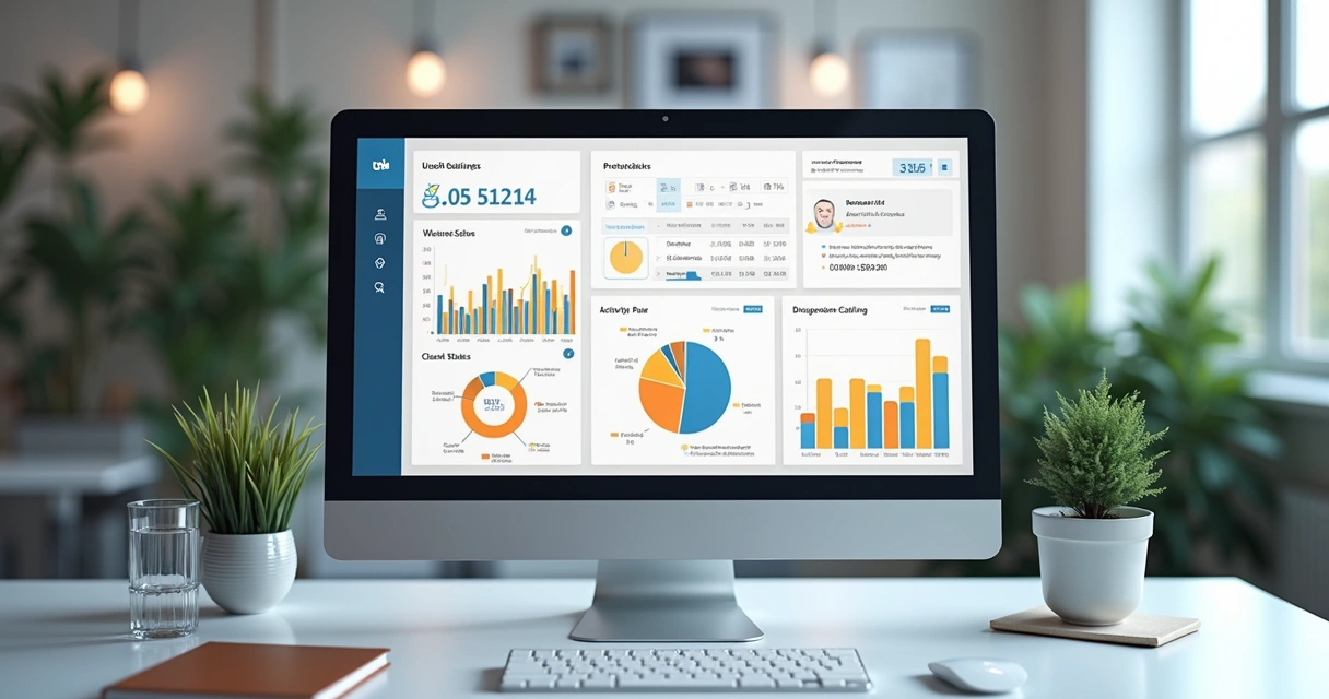 Painel moderno de CRM exibindo gráficos e dados de clientes em tela de computador 