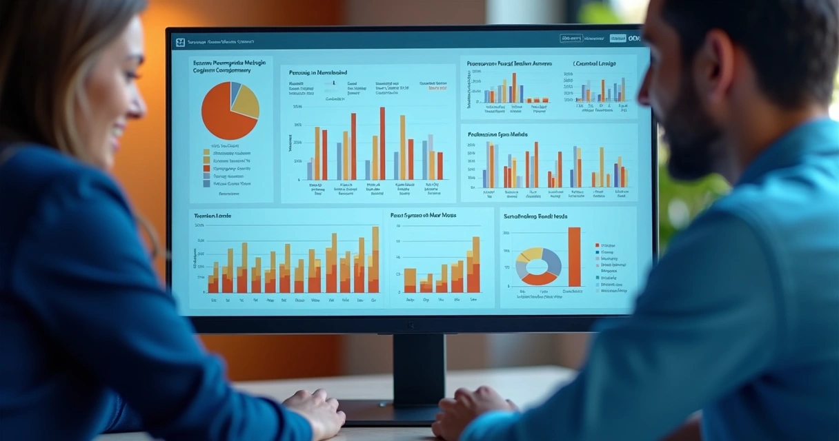 Tela de CRM em monitor com gráficos de vendas e automações de marketing