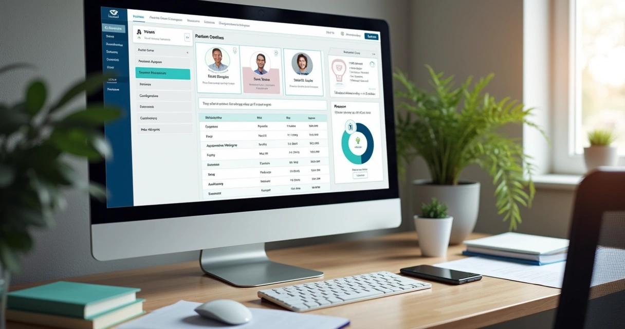 CRM aberto em computador com dados de pacientes e agendamentos 