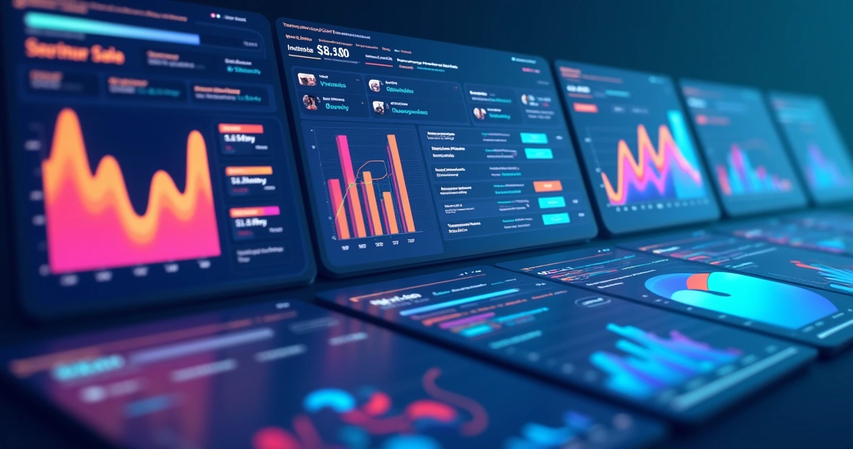 Tela de dashboard CRM colorido com gráficos de vendas, tickets e mensagens em destaque 