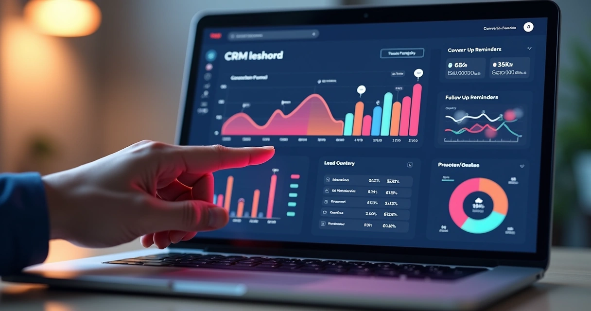 Dashboard de CRM com gráficos de vendas e funil de prospecção em tela de notebook 