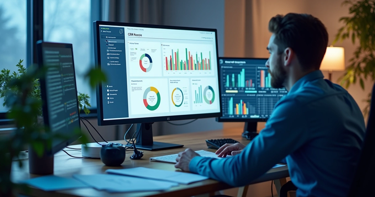Dashboard digital de CRM com gráficos e dados empresariais visíveis em tela ampla. 