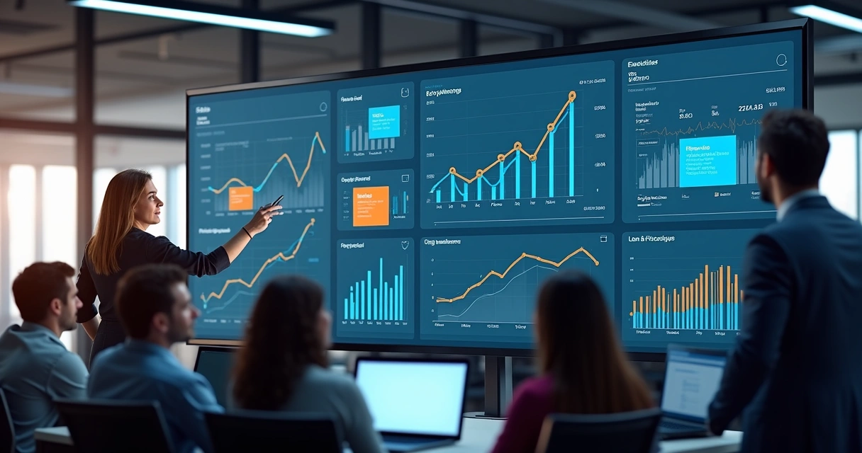 Painel digital com dashboards de vendas, projetos e finanças integrados, mostrando gráficos e notificações coloridas em ambiente de escritório moderno. 