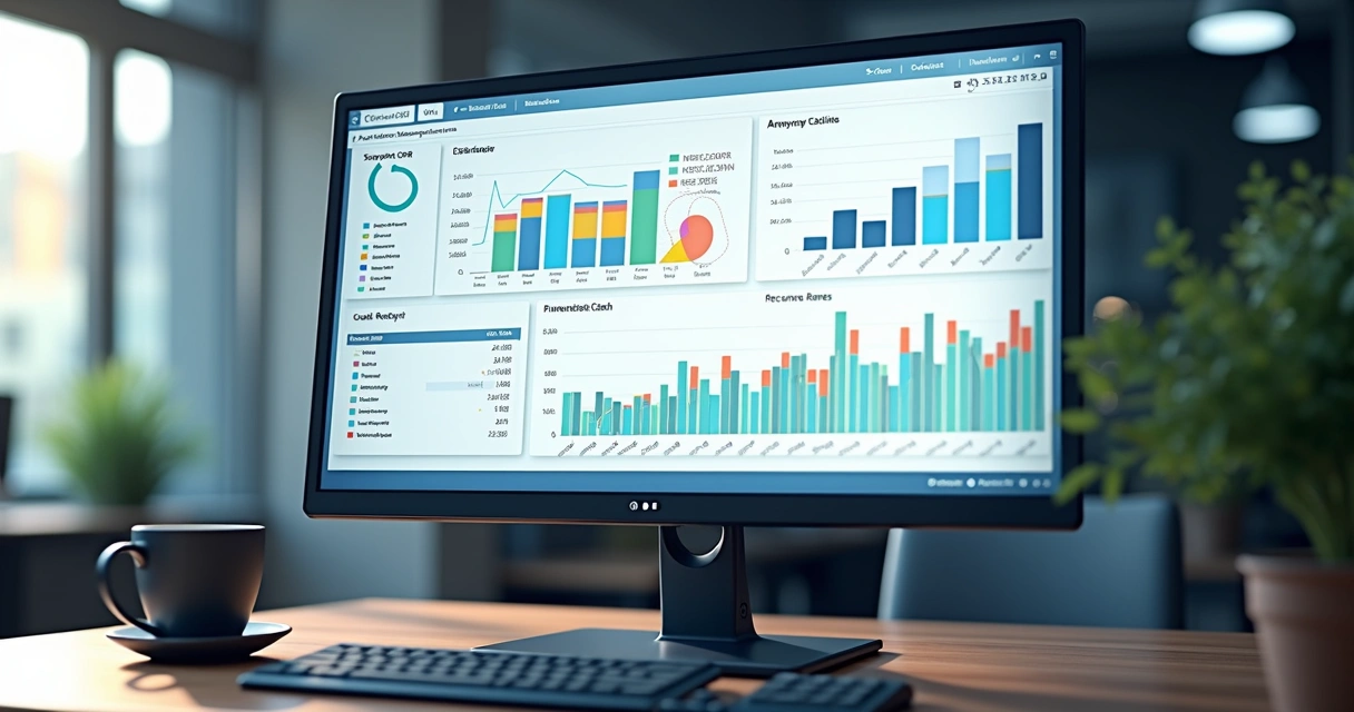 Tela de dashboard com gráficos de CRM e financeiro integrados. 