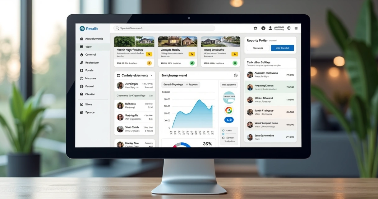 Tela de dashboard CRM imobiliário mostrando integração com WhatsApp, e-mail e SMS 