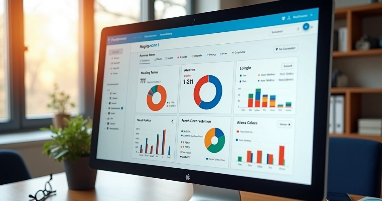 Dashboard de CRM imobiliário com gráficos e cards de leads em diferentes estágios. 