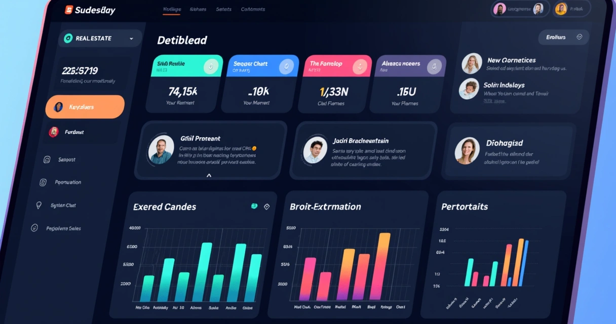 Painel de CRM imobiliário mostrando funil de vendas e notificações 