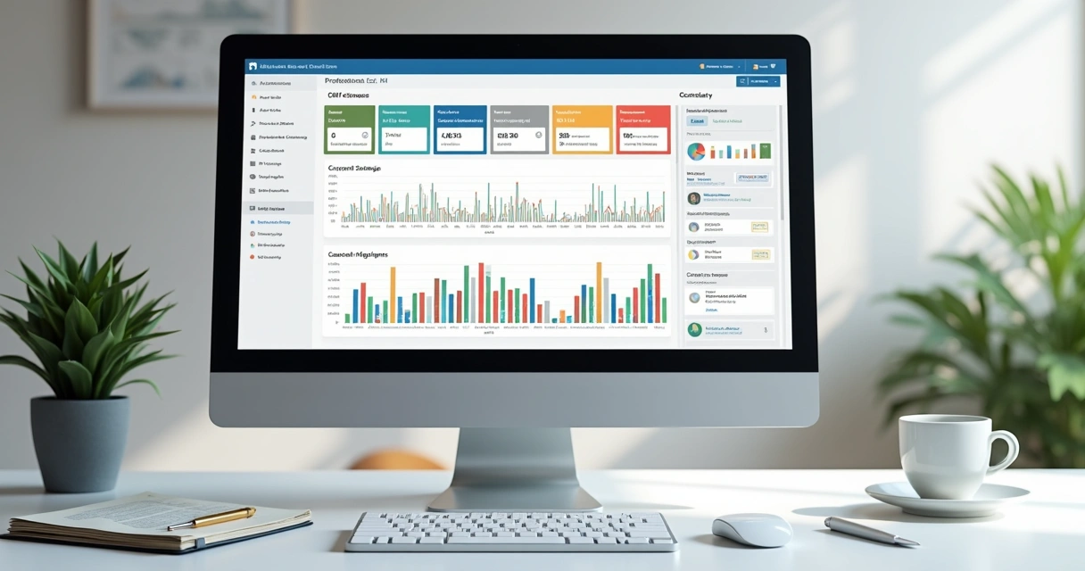 Dashboard de CRM imobiliário em tela de computador mostrando funil de vendas 