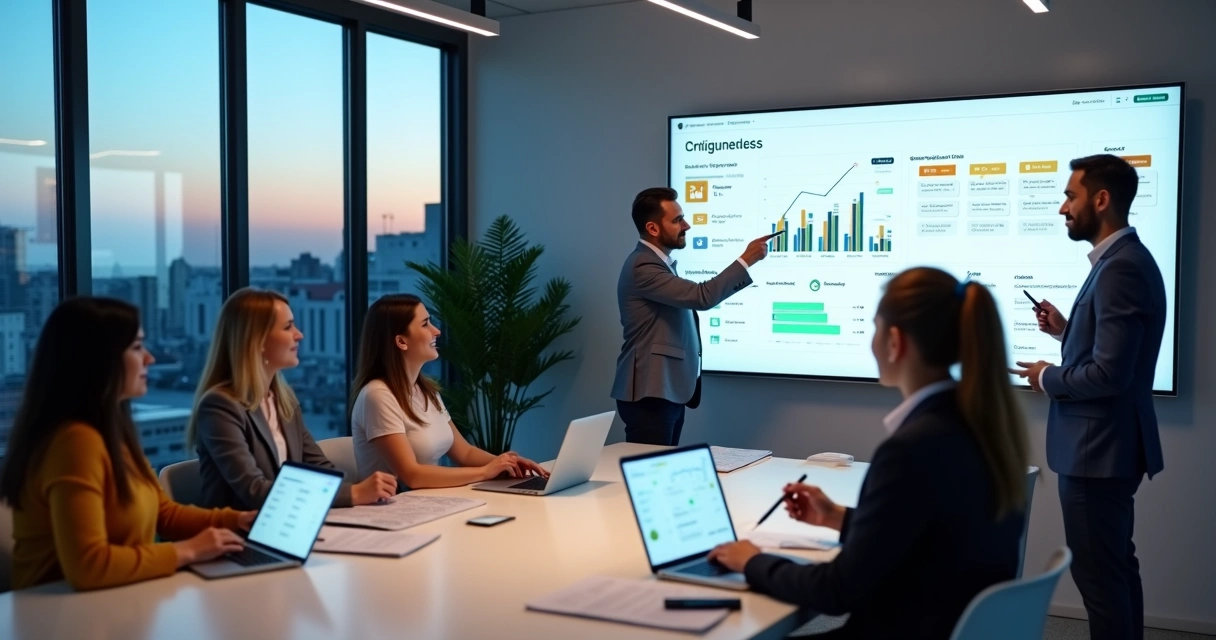 Equipe de imobiliária analisando painel de CRM imobiliário com funil de vendas na TV 