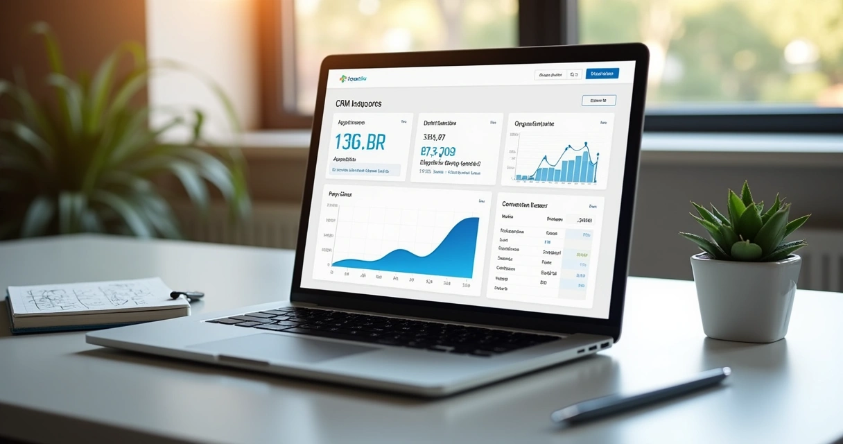 Dashboard de CRM odontológico mostrando agendamentos e leads em tela de notebook 