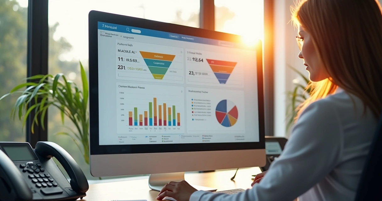 Dashboard de CRM odontológico em tela grande, com funil MQL e dados em tempo real 