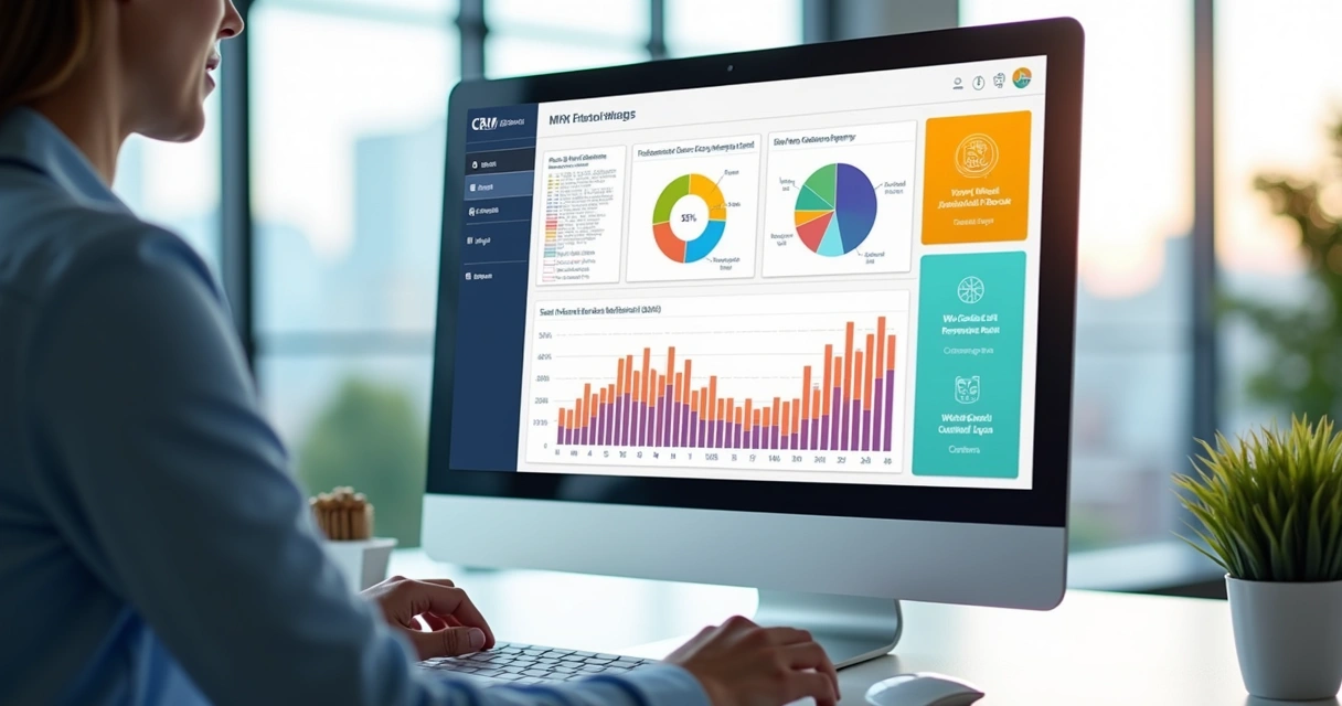 Painel digital de CRM mostrando gráficos de RFV e segmentação de clientes. 