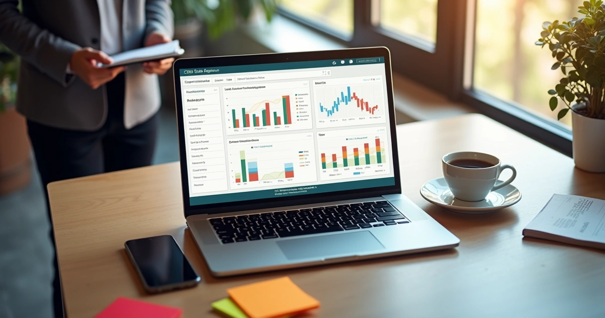 Dashboard de CRM de vendas em notebook com gráficos de desempenho. 