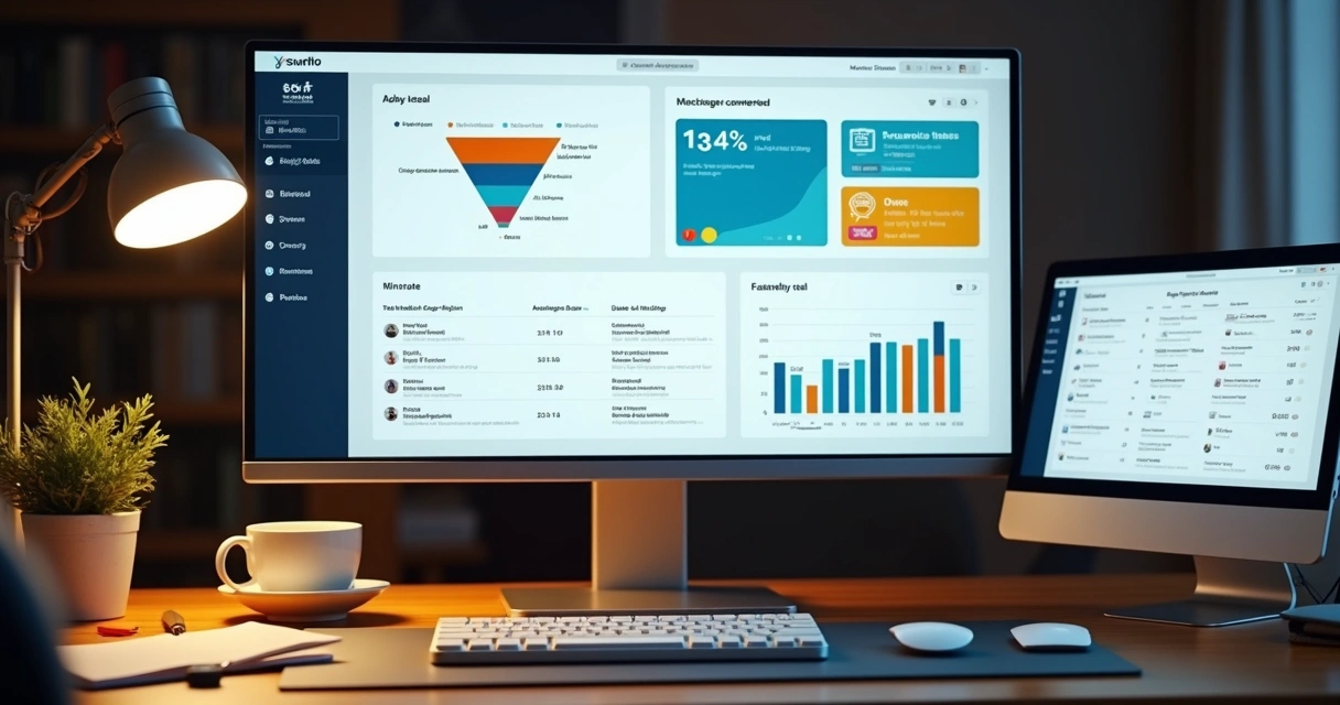 Dashboard de vendas com funil e métricas no monitor