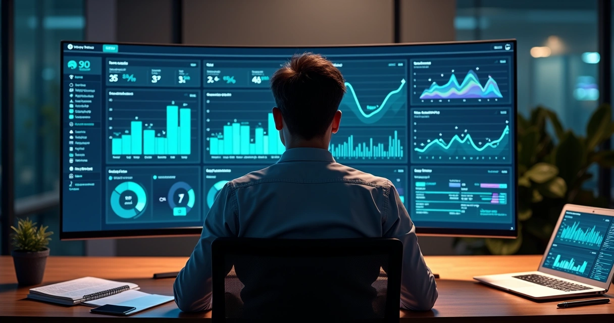 Profissional analisa dashboard de CRO com gráficos de conversão e ícones de IA em tela ampla 